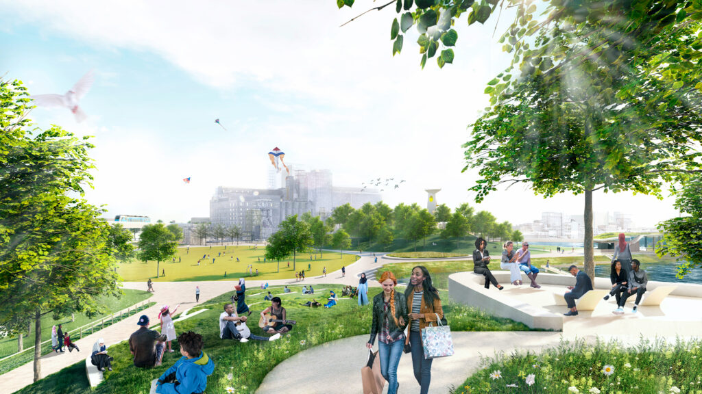 Voorbeeld van hoe het Nelson Mandelapark eruit kan gaan zien. Artist impression.